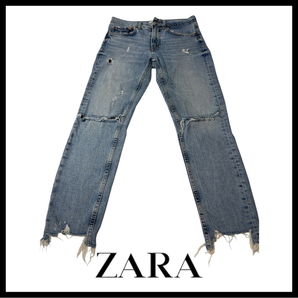 zara the slim boyfriend jeans distressed jeans and chew raw hem size 2